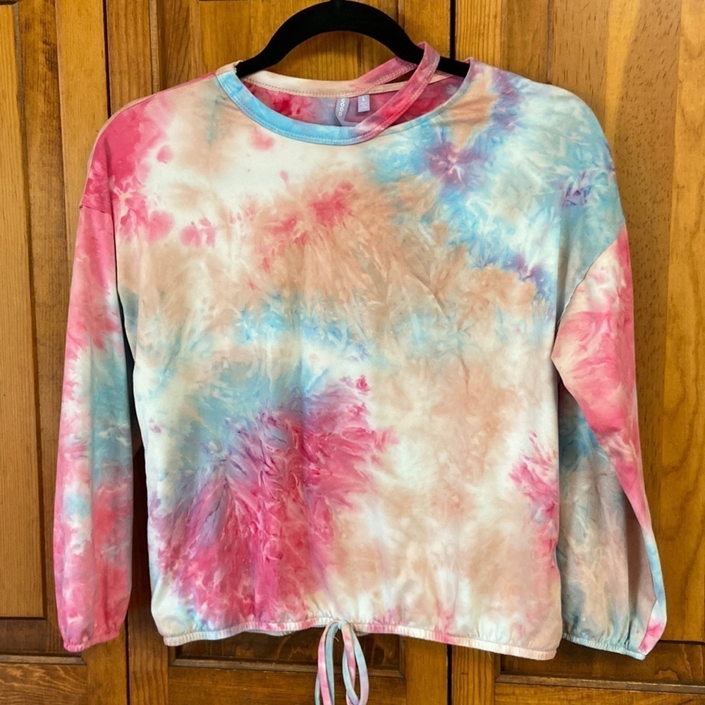 Good Luck Girl Tie Dye Long-sleeved Crop Tee Popover w Elastic Waist/Sleeve He…